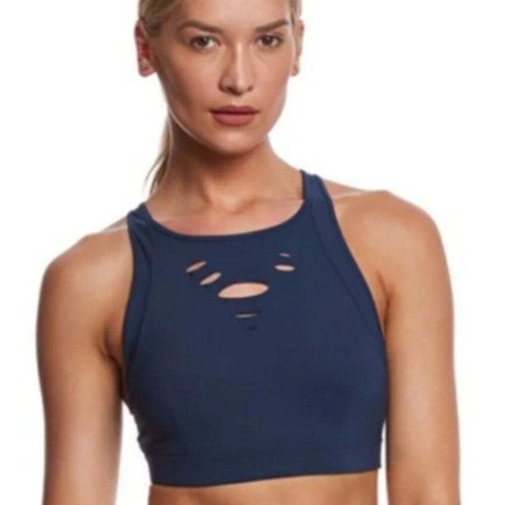 ALO Yoga Navy Blue High Neck Cutout Sports Bra